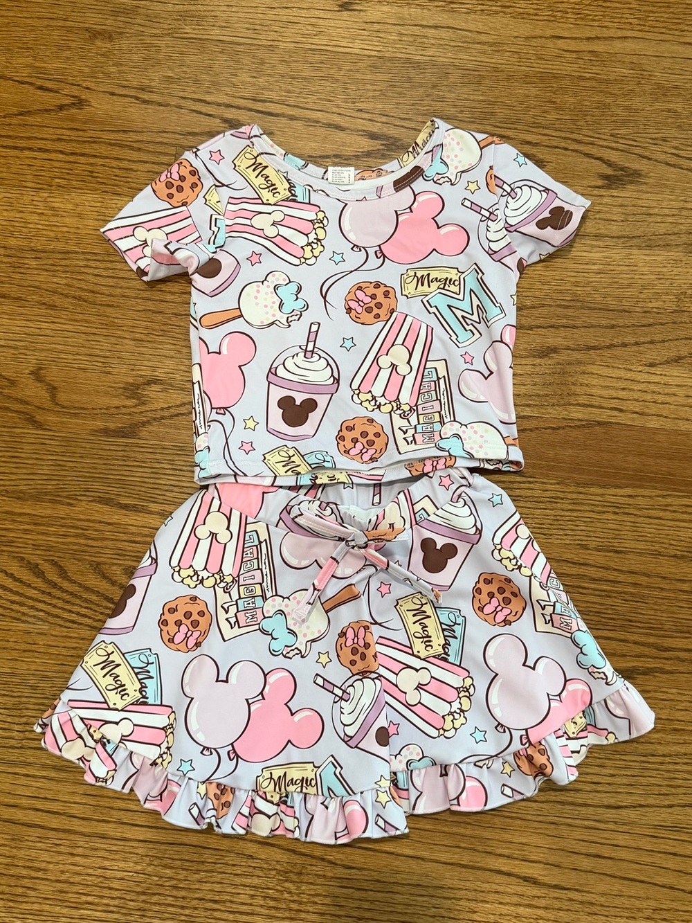 Kids Matching Set - Pink & Pastel Snack Print Top and Skirt